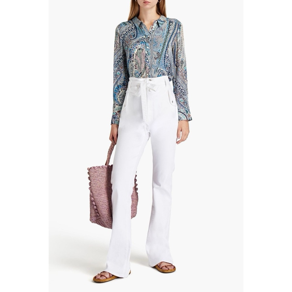 Veronica Beard Giselle Flare Jeans Women's Size 31 White Extra High Rise Belted